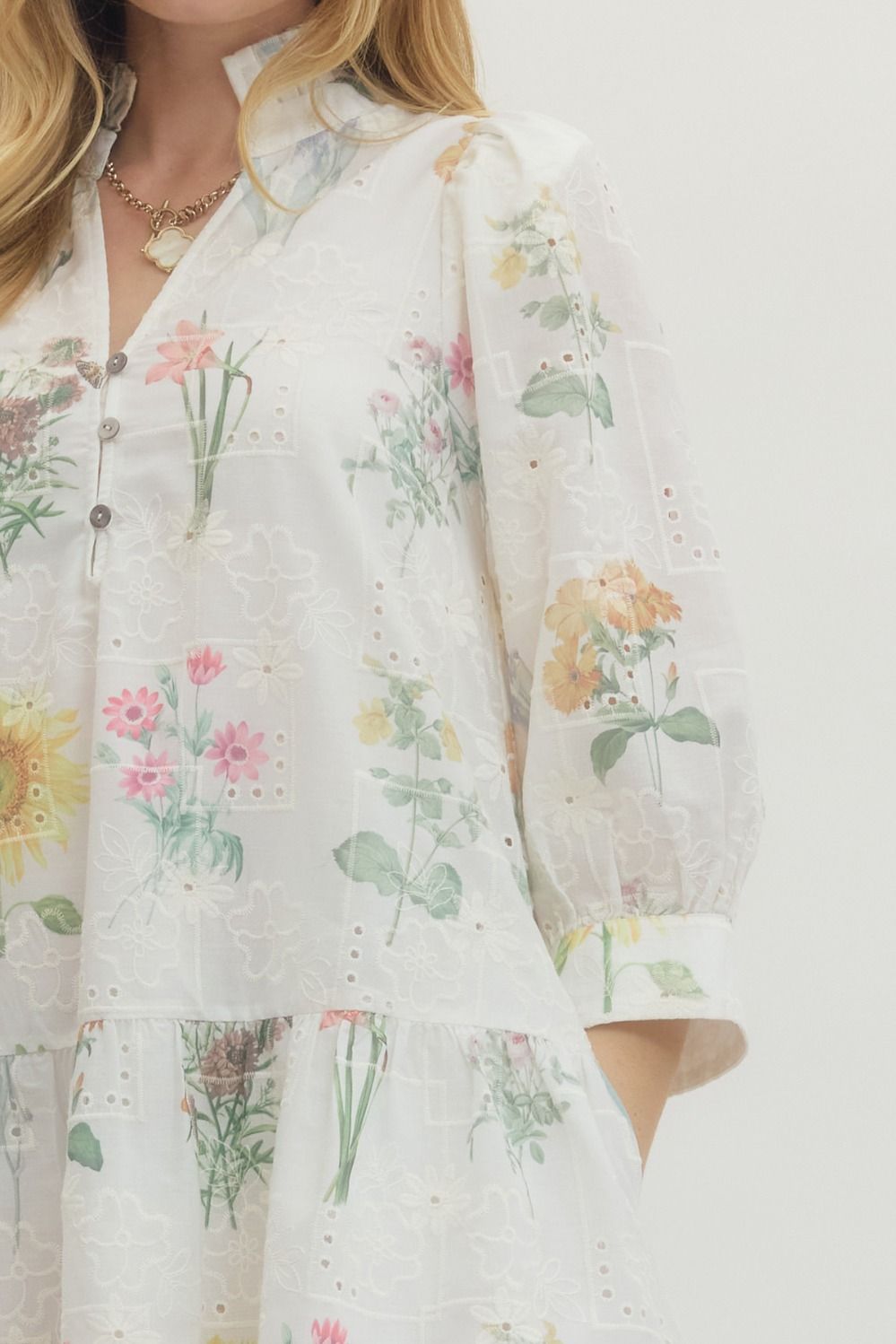 Floral Eyelet Embroidered Mini Dress - Lush Lemon - Women's Clothing - Entro - 51654631083517