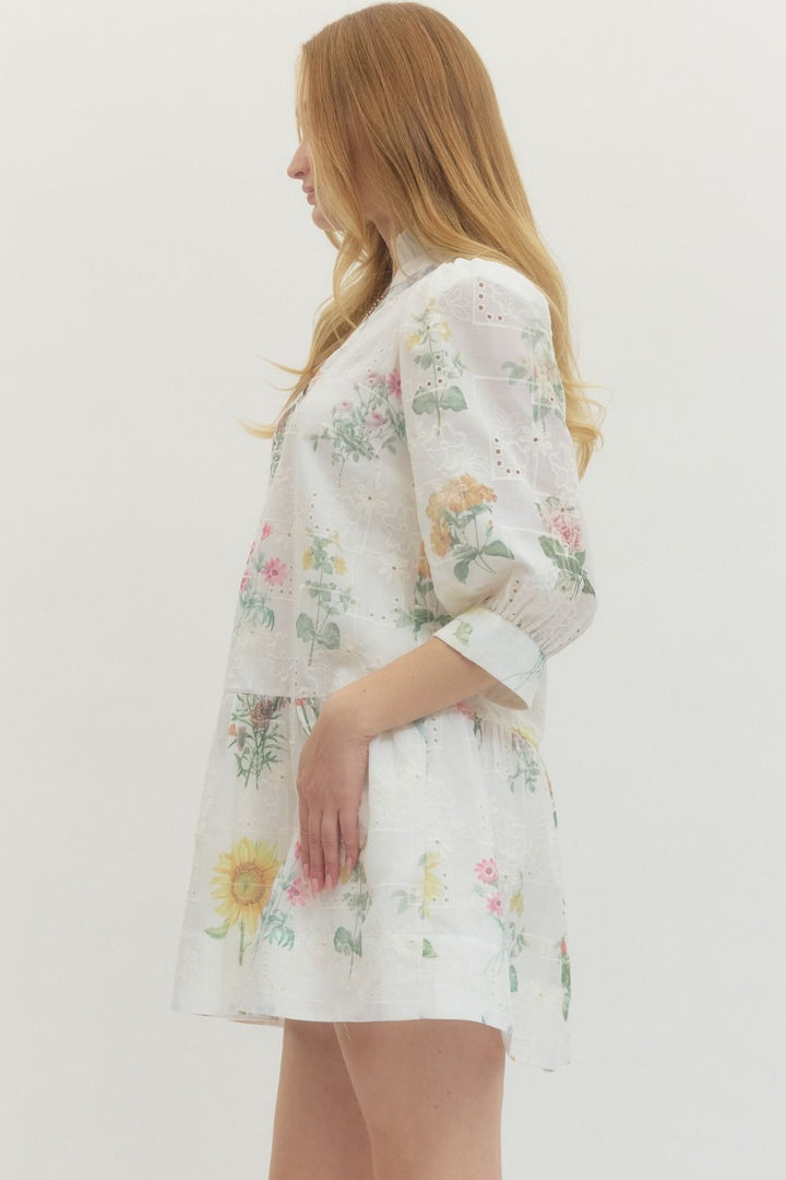 Floral Eyelet Embroidered Mini Dress - Lush Lemon - Women's Clothing - Entro - 51654631083517