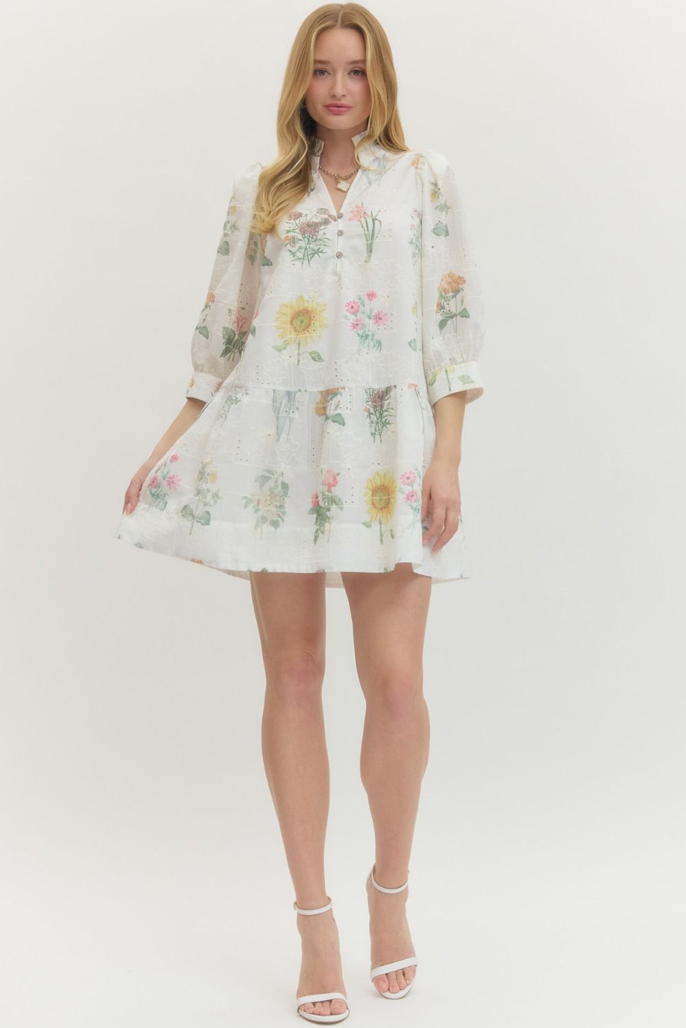 Floral Eyelet Embroidered Mini Dress - Lush Lemon - Women's Clothing - Entro - 51654631083517