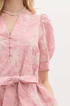 Floral Eyelet Puff Sleeve Mini Dress - Lush Lemon - Women&