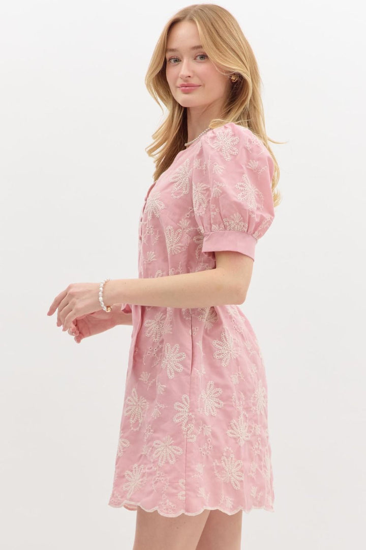 Floral Eyelet Puff Sleeve Mini Dress - Lush Lemon - Women's Clothing - Entro - 93652821024317