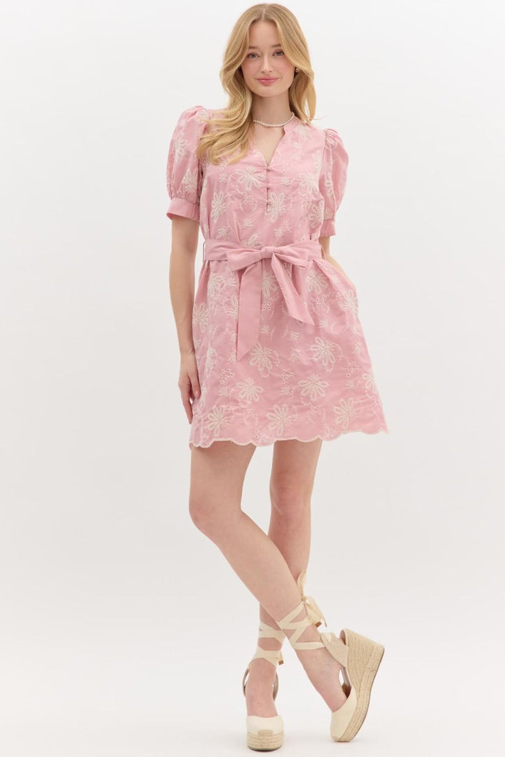 Floral Eyelet Puff Sleeve Mini Dress - Lush Lemon - Women's Clothing - Entro - 93652821024317