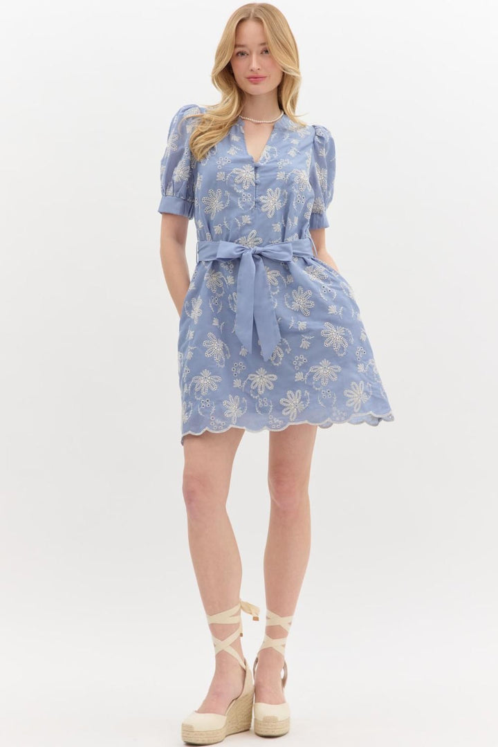 Floral Eyelet Pullover Mini Dress - Lush Lemon - Women's Clothing - Entro - 86851701095101