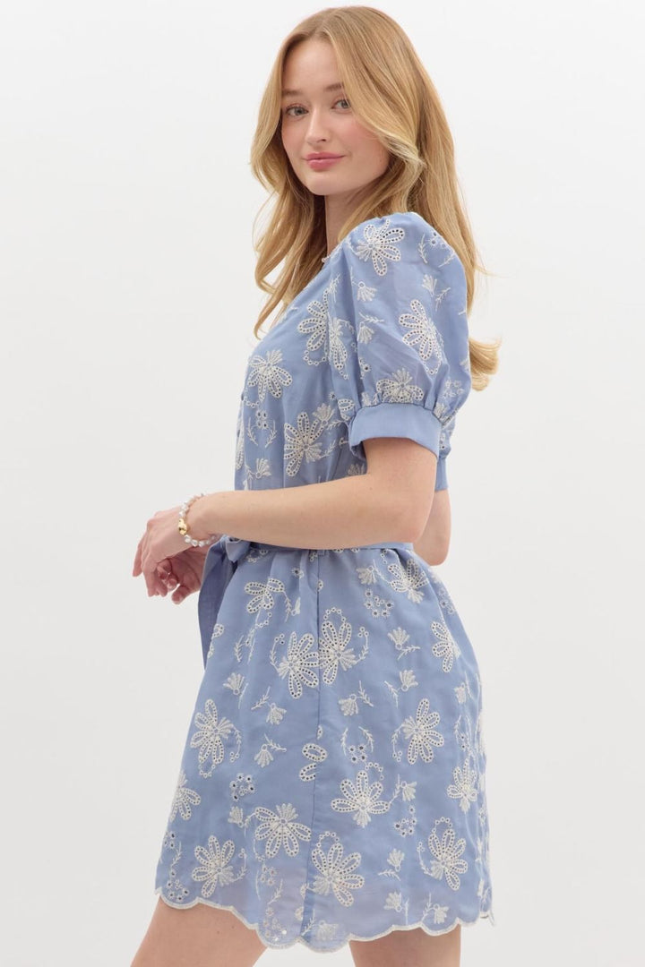 Floral Eyelet Pullover Mini Dress - Lush Lemon - Women's Clothing - Entro - 86851701095101