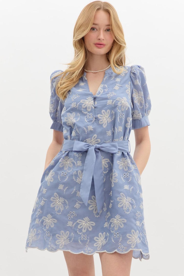 Floral Eyelet Pullover Mini Dress - Lush Lemon - Women's Clothing - Entro - 86851701095101
