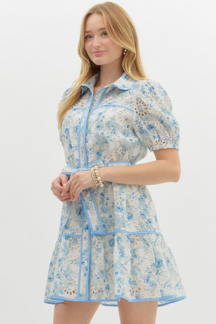 Floral Eyelet Short Sleeve Mini Dress - Lush Lemon - Women's Clothing - Entro - 18113001065149