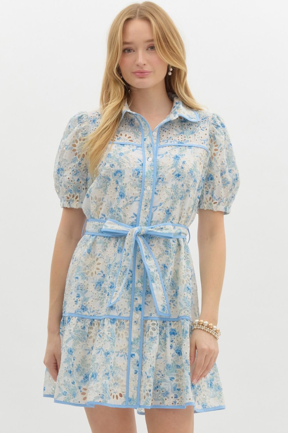 Floral Eyelet Short Sleeve Mini Dress - Lush Lemon - Women's Clothing - Entro - 18113001065149