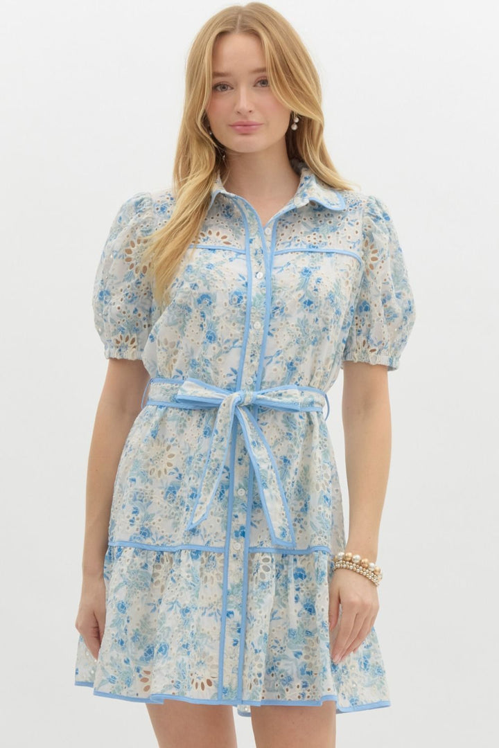 Floral Eyelet Short Sleeve Mini Dress - Lush Lemon - Women's Clothing - Entro - 18113001065149