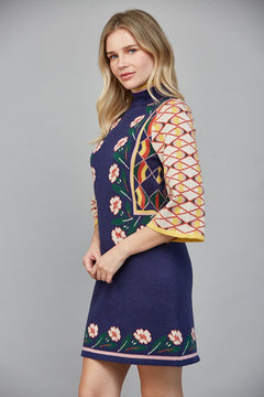 Floral Geo Jacquard Knit Sweater Dress - Lush Lemon - Women&