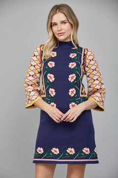 Floral Geo Jacquard Knit Sweater Dress - Lush Lemon - Women&