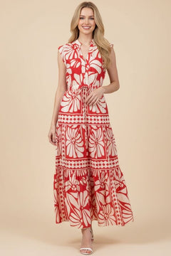 Floral &amp; Geometric Print Tiered Maxi Dress - Lush Lemon - Women&