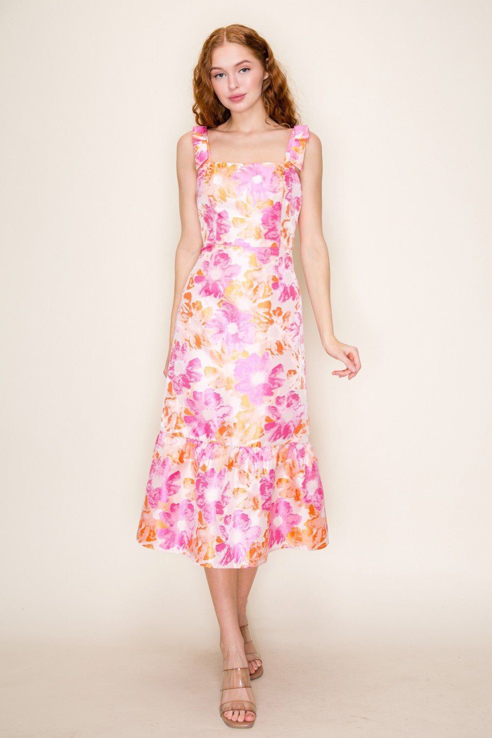 Floral Jacquard Bow Shoulder Midi Dress - Lush Lemon - Women's Clothing - B.Right Apparel - 25368121071357