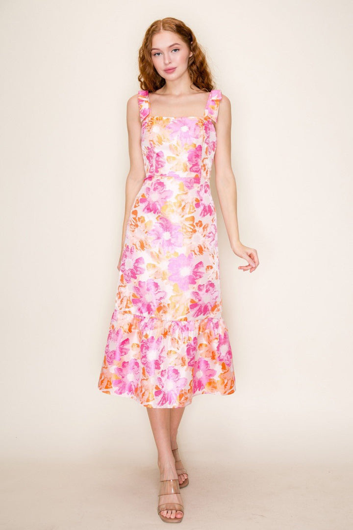 Floral Jacquard Bow Shoulder Midi Dress - Lush Lemon - Women's Clothing - B.Right Apparel - 25368121071357
