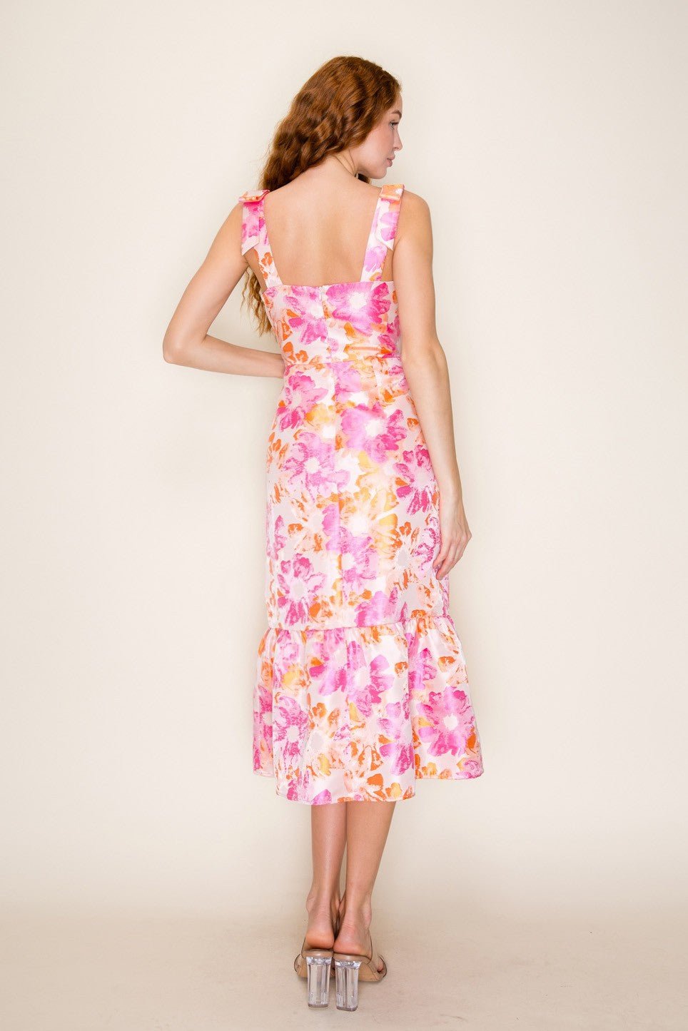 Floral Jacquard Bow Shoulder Midi Dress - Lush Lemon - Women's Clothing - B.Right Apparel - 25368121071357