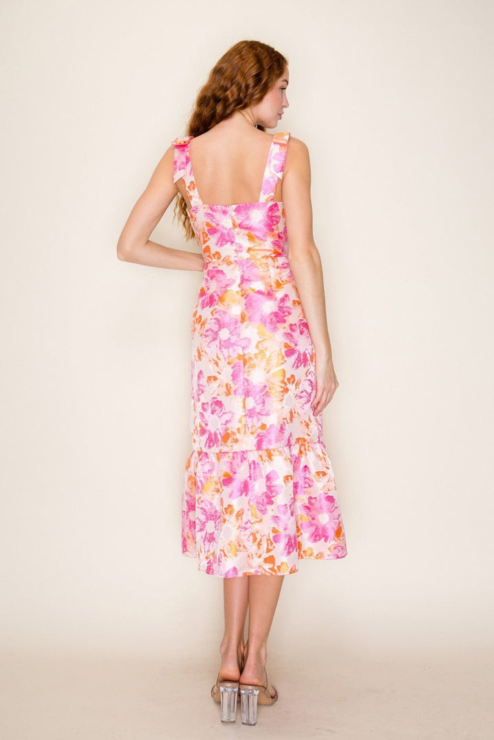 Floral Jacquard Bow Shoulder Midi Dress - Lush Lemon - Women's Clothing - B.Right Apparel - 25368121071357