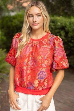 Floral Jacquard Bubble Sleeve Top - Lush Lemon - Women&