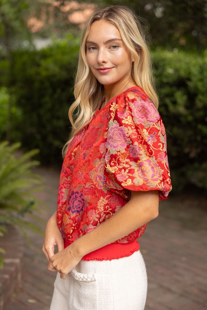 Floral Jacquard Bubble Sleeve Top - Lush Lemon - Women's Clothing - Voy - 23605751045853