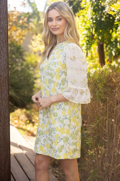 Floral Jacquard Contrast Sheer Sleeves Dress - Lush Lemon - Women&