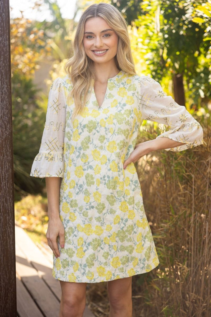 Floral Jacquard Contrast Sheer Sleeves Dress - Lush Lemon - Women's Clothing - Voy - 62999841095229