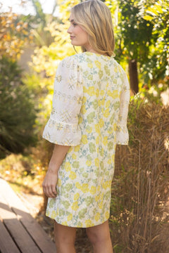 Floral Jacquard Contrast Sheer Sleeves Dress - Lush Lemon - Women&