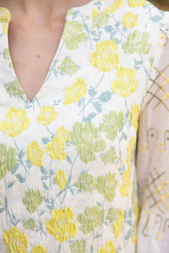 Floral Jacquard Contrast Sheer Sleeves Dress - Lush Lemon - Women&
