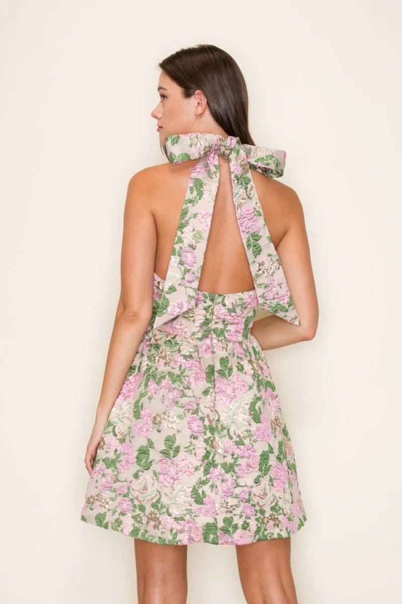 Floral Jacquard Halter Mini Dress W/ Back Bow - Lush Lemon - Women's Clothing - B.Right Apparel - 41329561057309