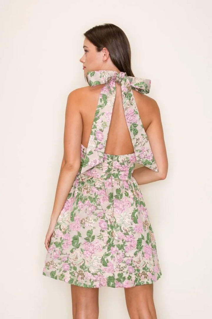 Floral Jacquard Halter Mini Dress W/ Back Bow - Lush Lemon - Women's Clothing - B.Right Apparel - 41329561057309