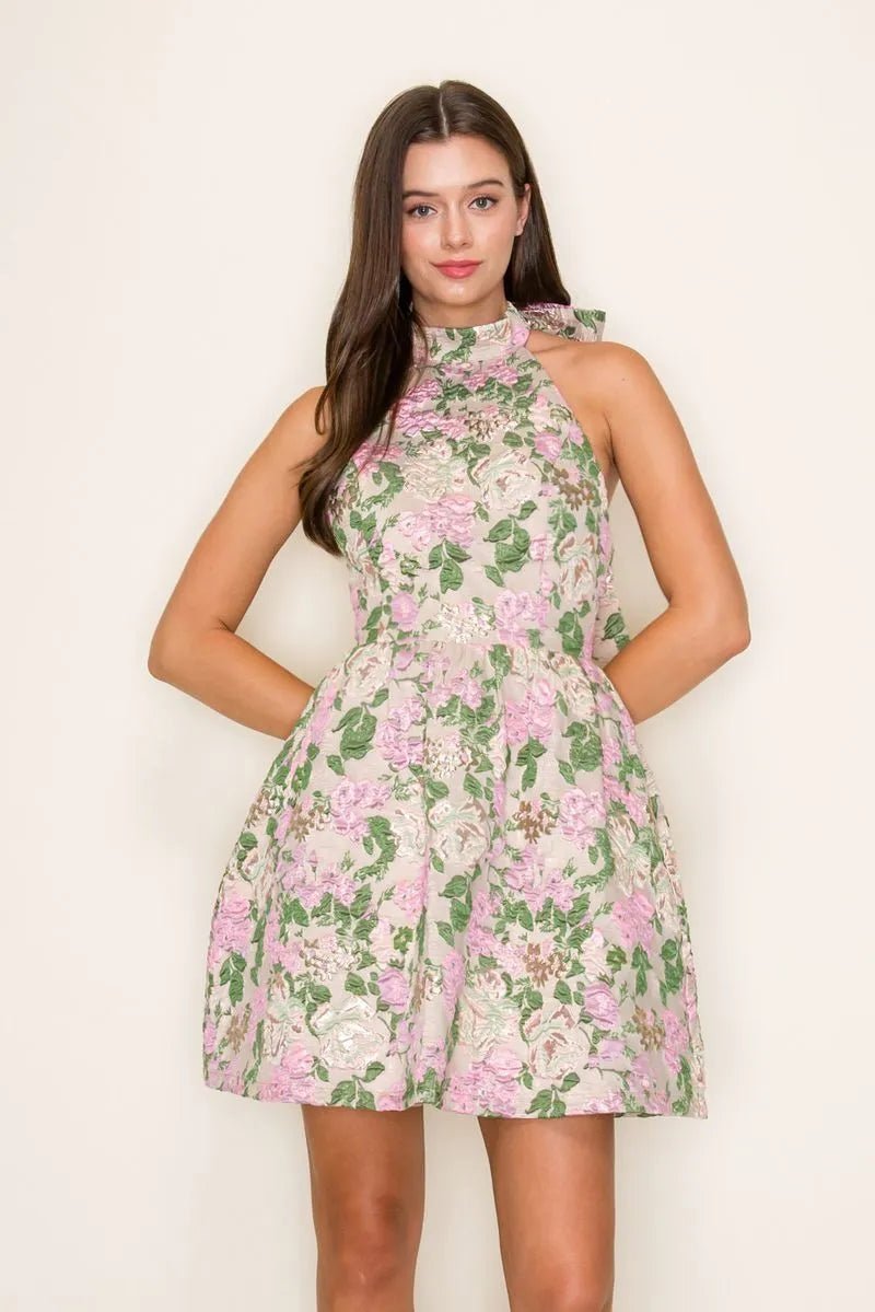 Floral Jacquard Halter Mini Dress W/ Back Bow - Lush Lemon - Women's Clothing - B.Right Apparel - 41329561057309