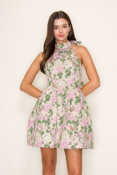Floral Jacquard Halter Mini Dress W/ Back Bow - Lush Lemon - Women&