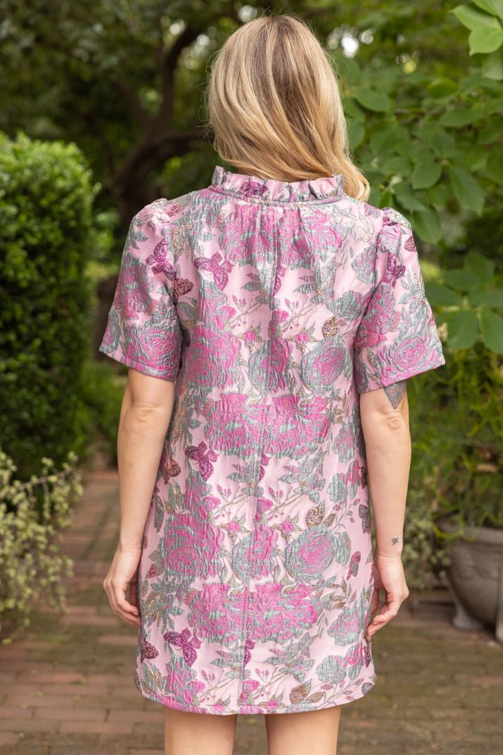 Floral Jacquard Shift Dress - Lush Lemon - Women's Clothing - Voy - 81011571024957