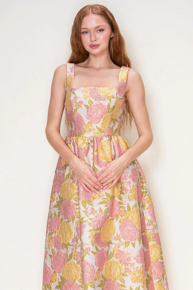Floral Jacquard Square Neck Midi Dress - Lush Lemon - Women's Clothing - B.Right Apparel - 28520831090493