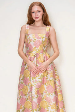 Floral Jacquard Square Neck Midi Dress - Lush Lemon - Women&
