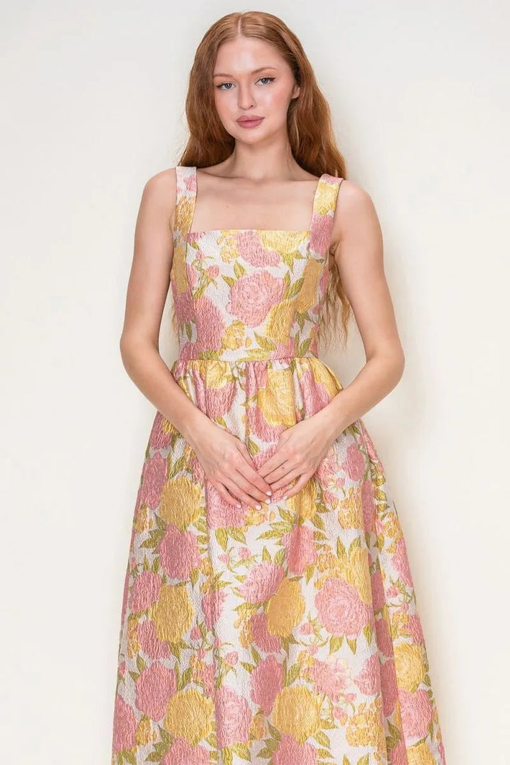 Floral Jacquard Square Neck Midi Dress - Lush Lemon - Women's Clothing - B.Right Apparel - 28520831090493