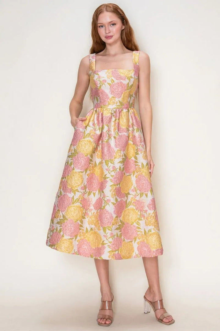 Floral Jacquard Square Neck Midi Dress - Lush Lemon - Women's Clothing - B.Right Apparel - 28520831090493