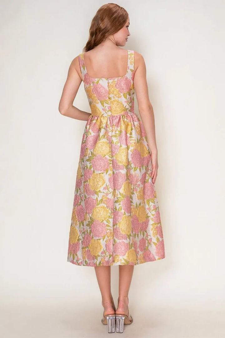 Floral Jacquard Square Neck Midi Dress - Lush Lemon - Women's Clothing - B.Right Apparel - 28520831090493