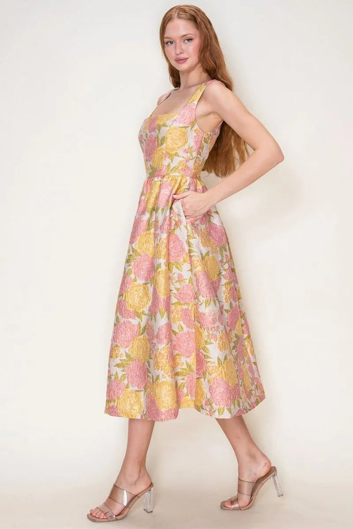 Floral Jacquard Square Neck Midi Dress - Lush Lemon - Women's Clothing - B.Right Apparel - 28520831090493