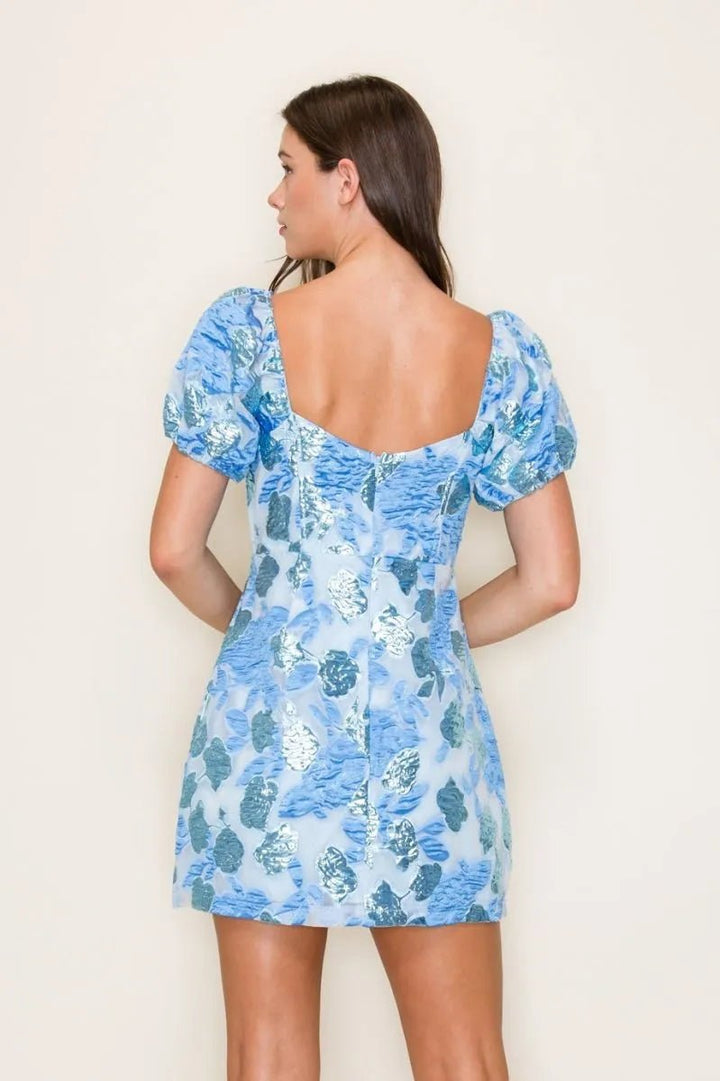 Floral Jacquard Square Neck Puff Sleeve Mini Dress - Lush Lemon - Women's Clothing - B.Right Apparel - 97163681079229