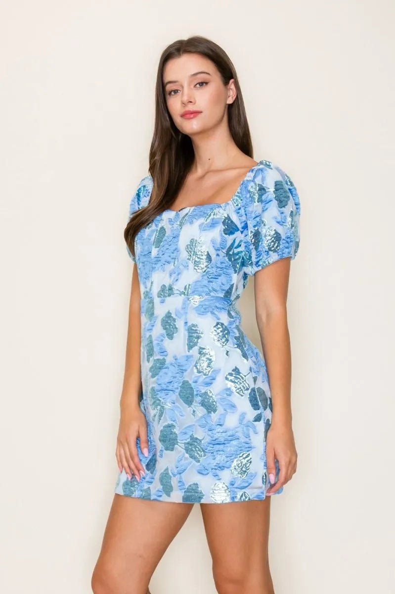 Floral Jacquard Square Neck Puff Sleeve Mini Dress - Lush Lemon - Women's Clothing - B.Right Apparel - 97163681079229