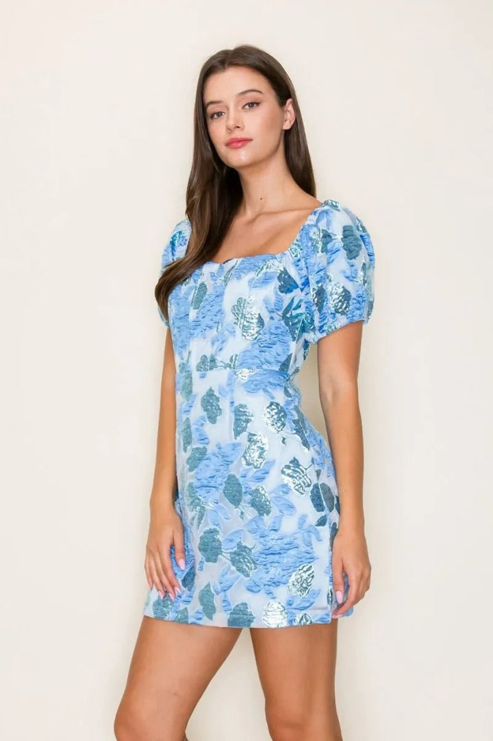 Floral Jacquard Square Neck Puff Sleeve Mini Dress - Lush Lemon - Women's Clothing - B.Right Apparel - 97163681079229