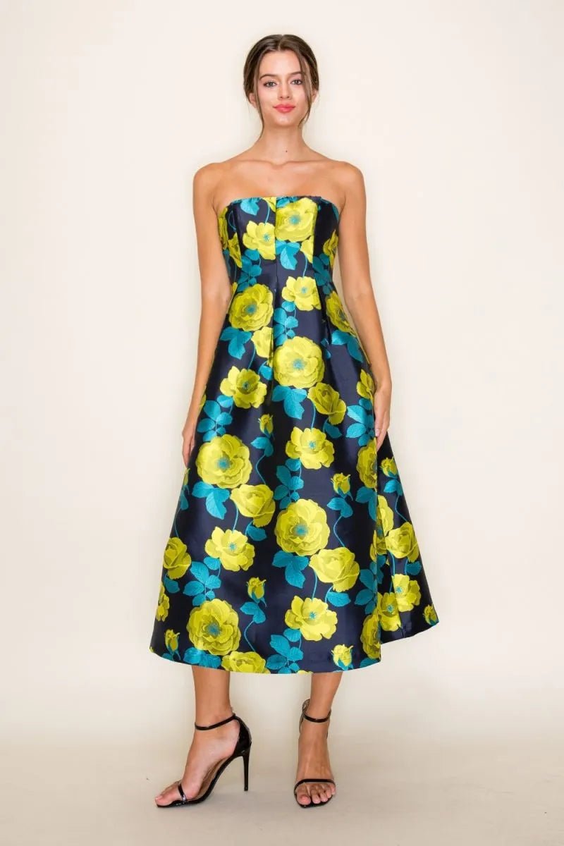 Floral Jacquard Strapless Pleated Midi Dress - Lush Lemon - Women's Clothing - B.Right Apparel - 66045431024989