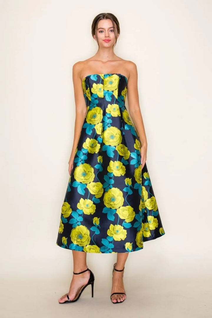 Floral Jacquard Strapless Pleated Midi Dress - Lush Lemon - Women's Clothing - B.Right Apparel - 66045431024989