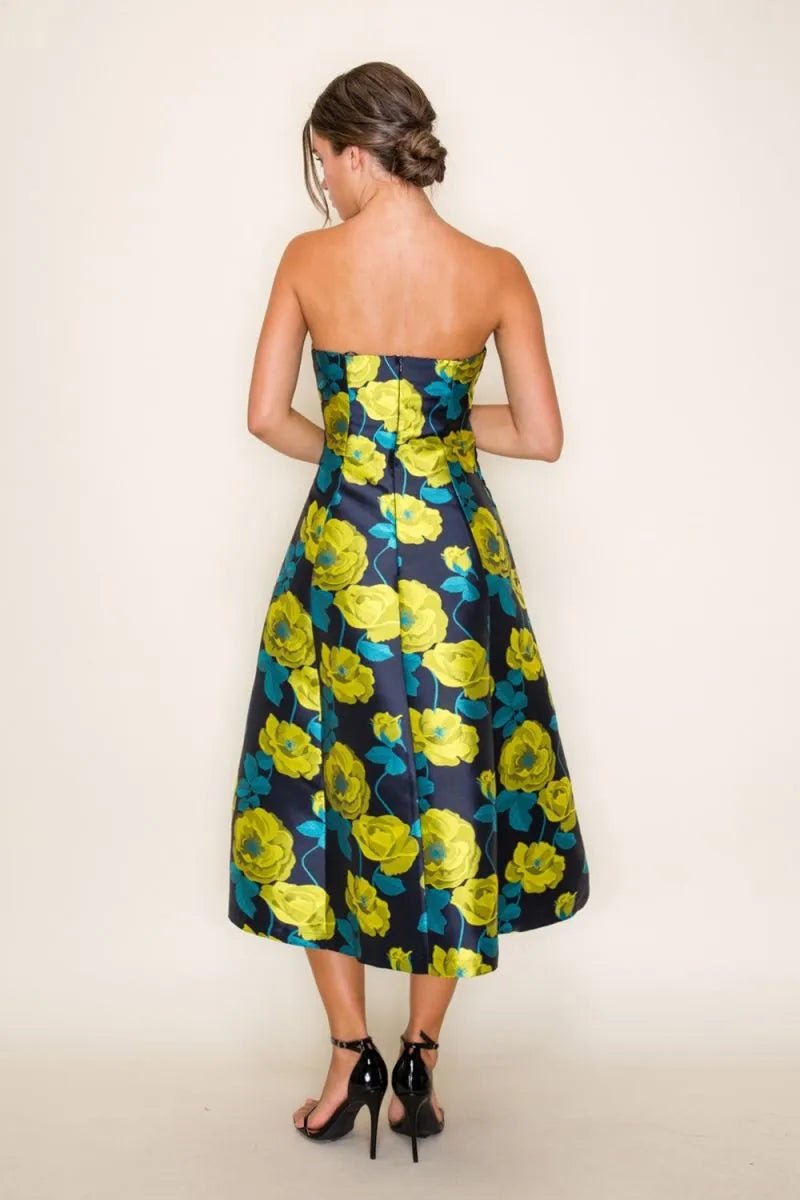 Floral Jacquard Strapless Pleated Midi Dress - Lush Lemon - Women's Clothing - B.Right Apparel - 66045431024989