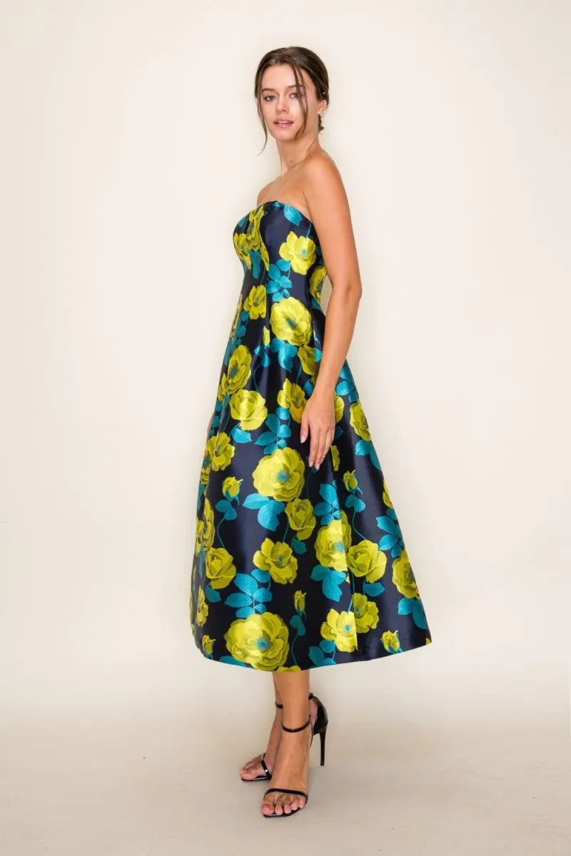 Floral Jacquard Strapless Pleated Midi Dress - Lush Lemon - Women's Clothing - B.Right Apparel - 66045431024989