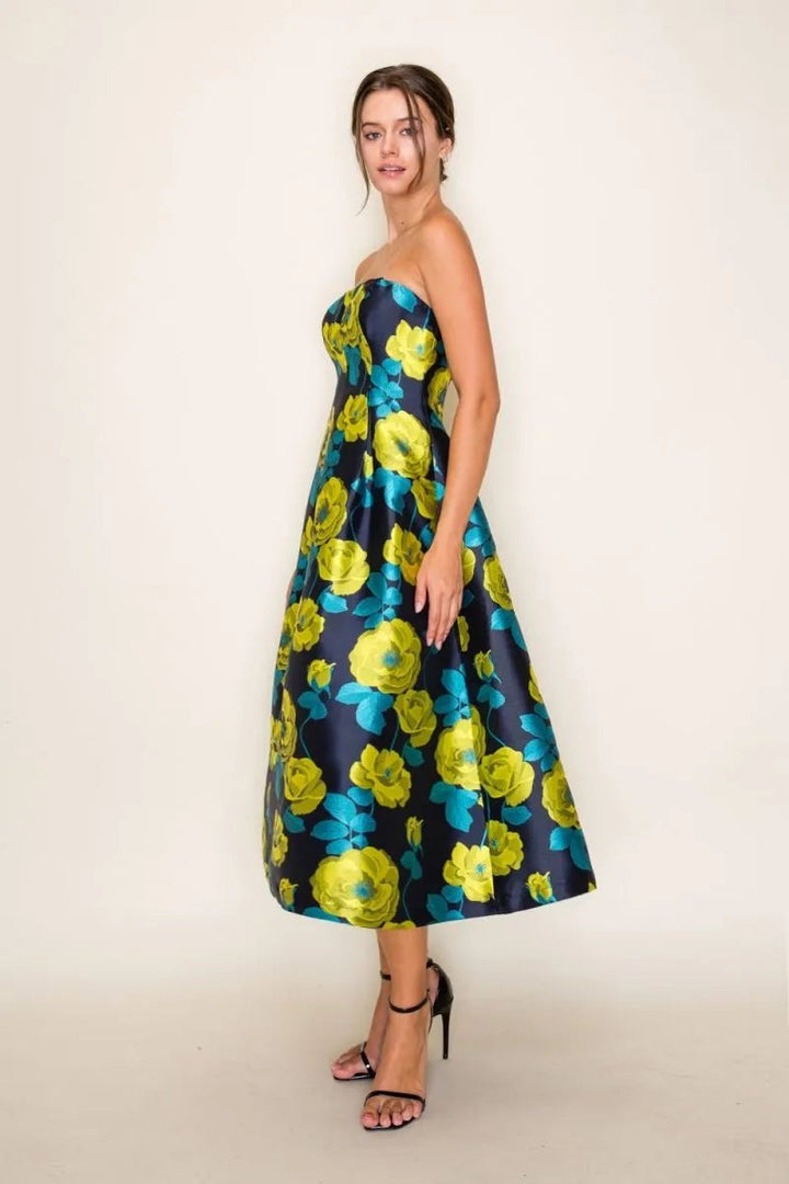 Floral Jacquard Strapless Pleated Midi Dress - Lush Lemon - Women's Clothing - B.Right Apparel - 66045431024989