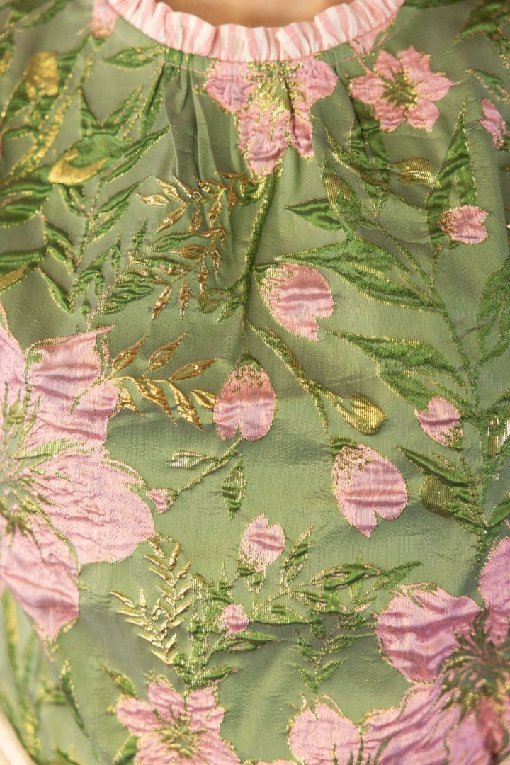 Floral Jacquard Top W/Striped Ruffle Detail - Lush Lemon - Women's Clothing - Voy - 76148181019165
