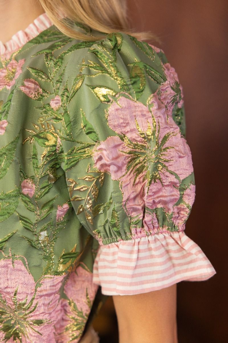 Floral Jacquard Top W/Striped Ruffle Detail - Lush Lemon - Women's Clothing - Voy - 76148181019165