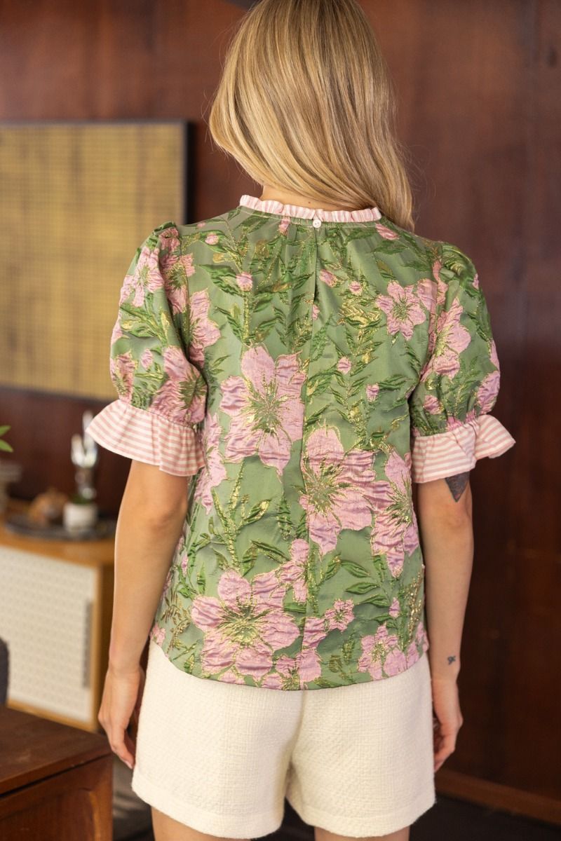 Floral Jacquard Top W/Striped Ruffle Detail - Lush Lemon - Women's Clothing - Voy - 76148181019165
