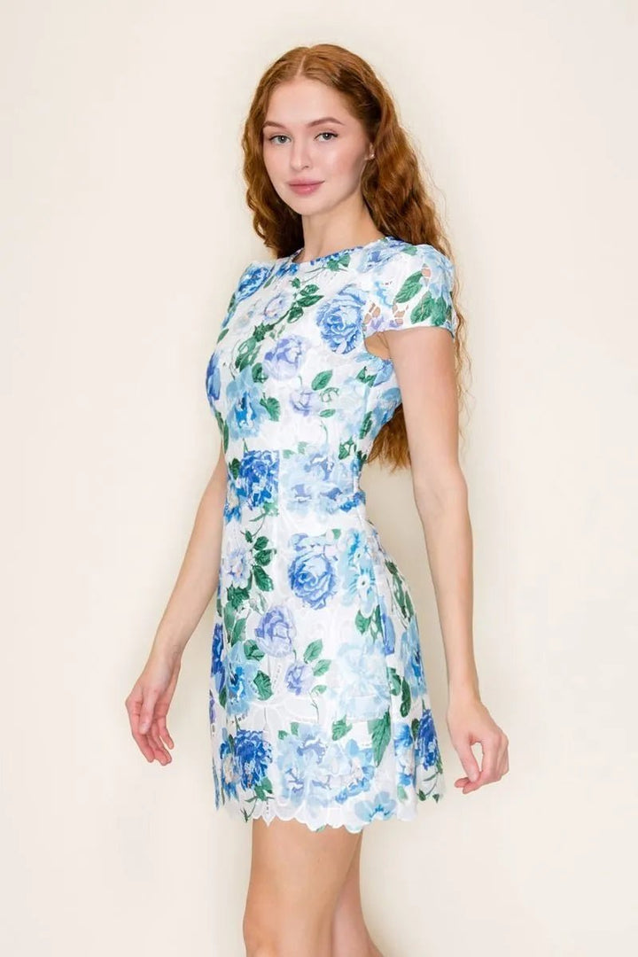 Floral Lace Cap Sleeve Mini Dress - Lush Lemon - Women's Clothing - B.Right Apparel - 34928301094237