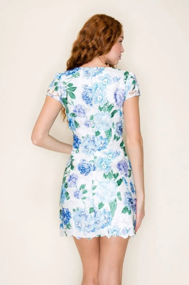 Floral Lace Cap Sleeve Mini Dress - Lush Lemon - Women's Clothing - B.Right Apparel - 34928301094237