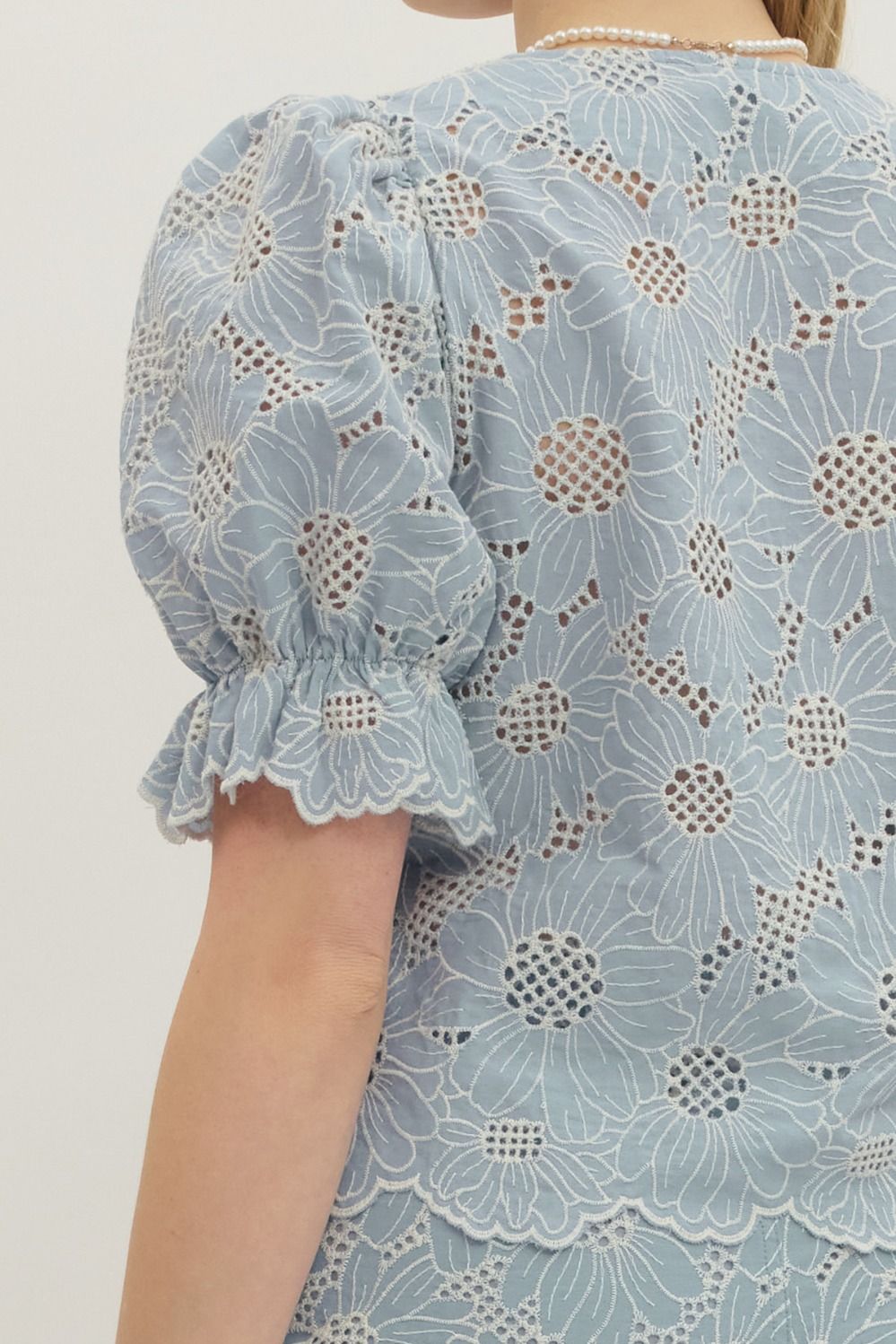 Floral Lace Scallop Hem Puff Sleeve Top - Lush Lemon - Women's Clothing - Entro - 77067961035037